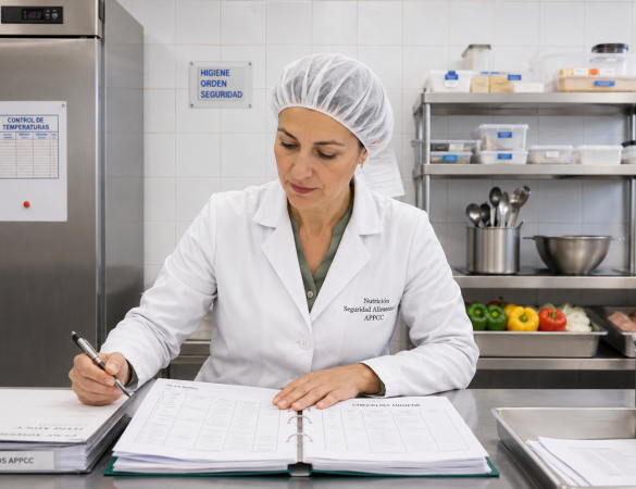 nutricionista clínica revisando protocolos de seguridad alimentaria que protegen la salud física y emocional de las personas