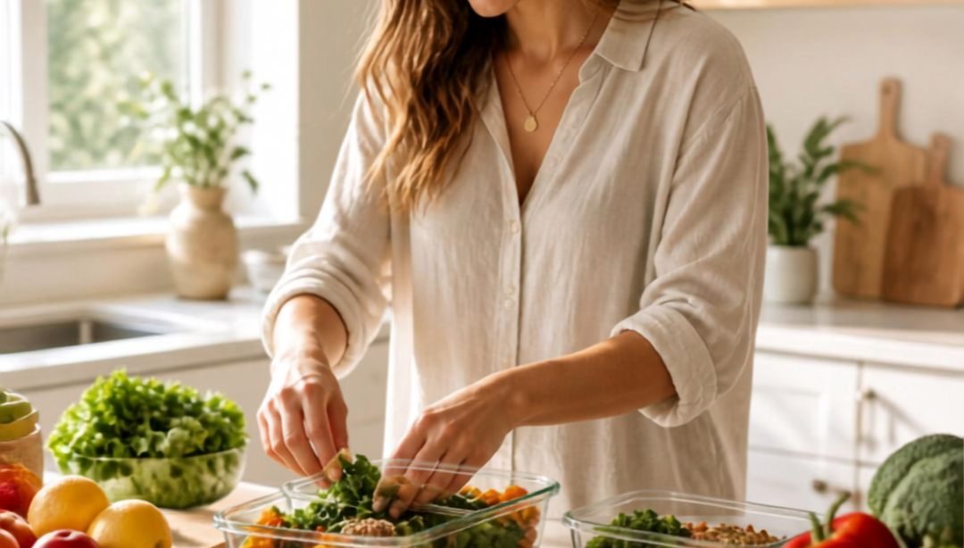 mujer organizando alimentación saludable sin dietas en septiembre en cocina luminosa