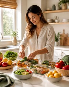 mujer organizando alimentación saludable sin dietas en septiembre en cocina luminosa