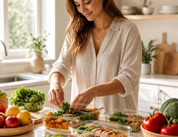 mujer organizando alimentación saludable sin dietas en septiembre en cocina luminosa