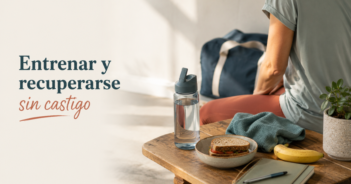 Deporte, alimentación y salud mental con una pausa de recuperación tras entrenar y un snack cotidiano