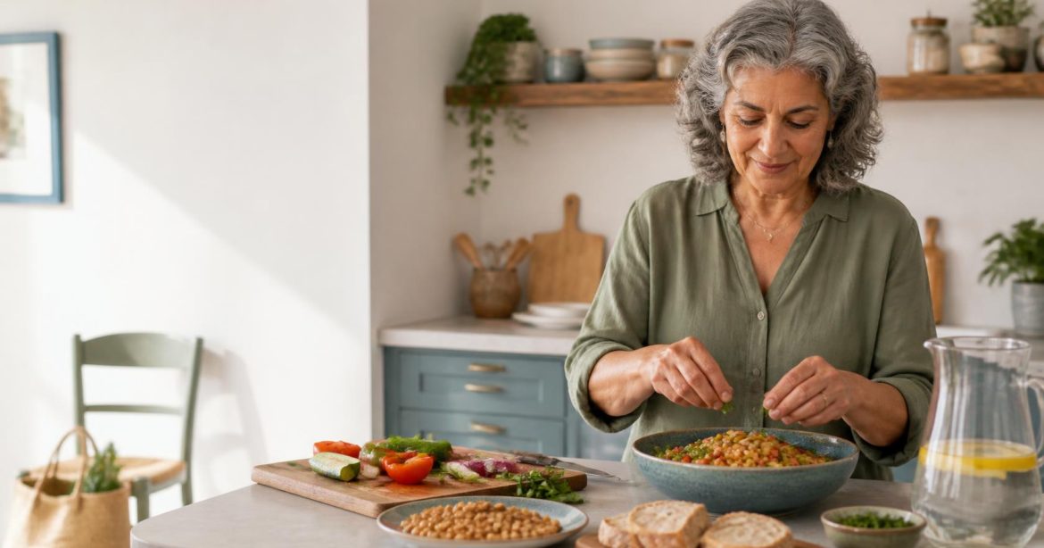 Persona mayor preparando una comida sencilla en una cocina luminosa como símbolo de envejecimiento saludable, nutrición y autonomía