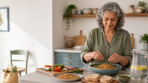 Persona mayor preparando una comida sencilla en una cocina luminosa como símbolo de envejecimiento saludable, nutrición y autonomía