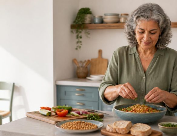 Persona mayor preparando una comida sencilla en una cocina luminosa como símbolo de envejecimiento saludable, nutrición y autonomía