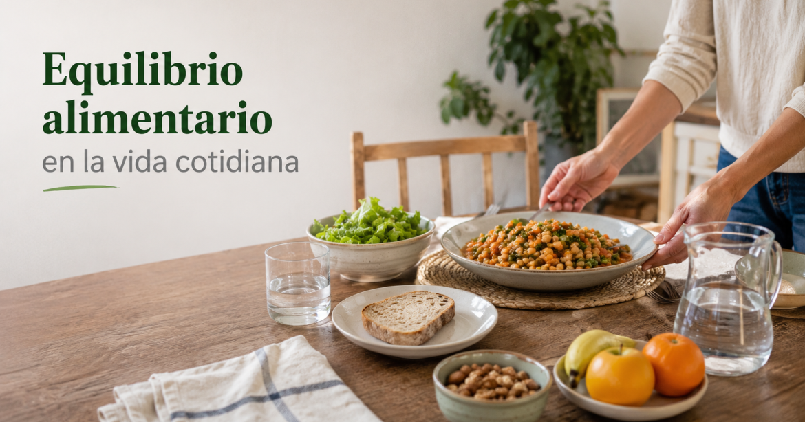 Alimentación saludable equilibrada en el día a día con una comida variada y cotidiana en una mesa doméstica