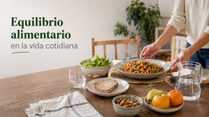Alimentación saludable equilibrada en el día a día con una comida variada y cotidiana en una mesa doméstica