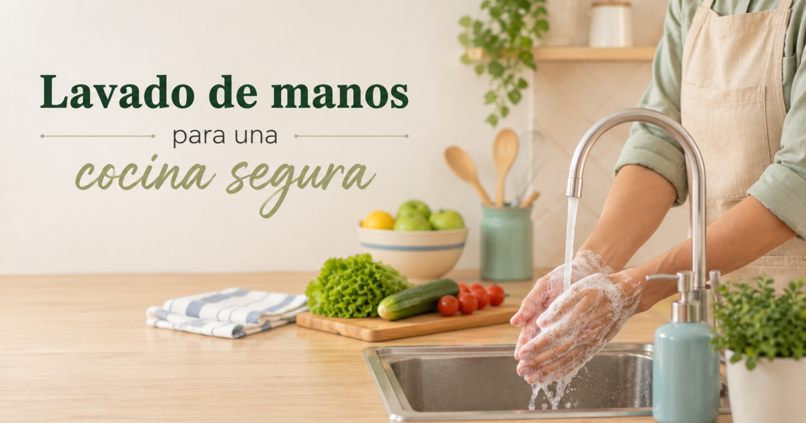 Lavado de manos y seguridad alimentaria en una cocina familiar antes de preparar alimentos