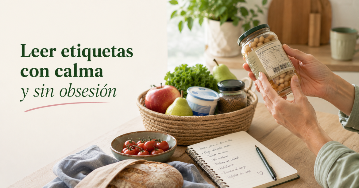 Persona leyendo una etiqueta alimentaria con calma durante la compra para aprender a leer etiquetas sin obsesión