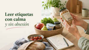 Persona leyendo una etiqueta alimentaria con calma durante la compra para aprender a leer etiquetas sin obsesión
