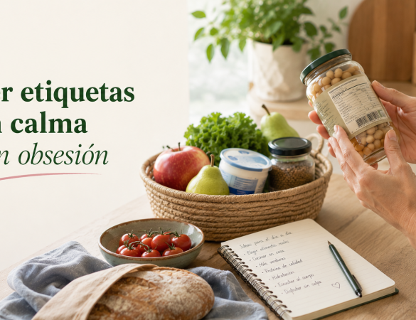 Persona leyendo una etiqueta alimentaria con calma durante la compra para aprender a leer etiquetas sin obsesión