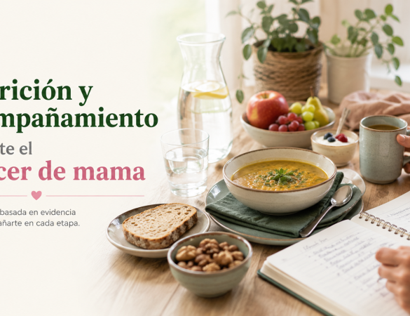 Acompañamiento nutricional basado en evidencia durante el cáncer de mama con una mesa de alimentos cotidianos y una libreta de consulta