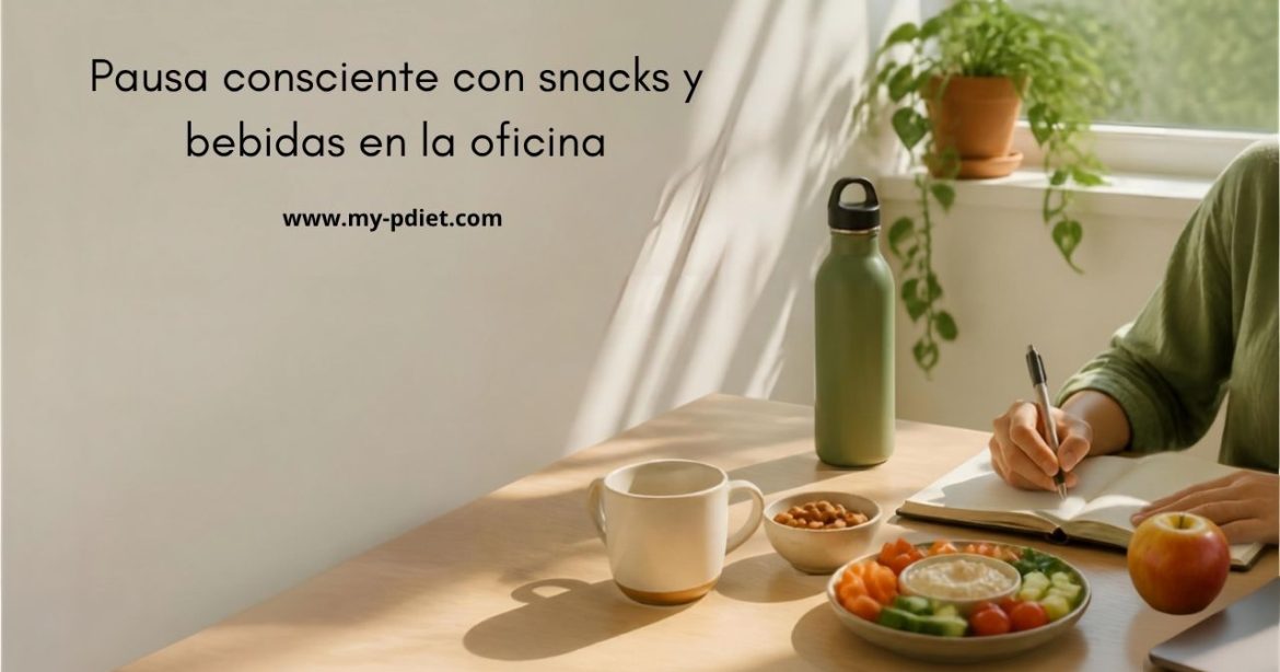 Snacks saludables y bebidas en un escritorio de oficina para apoyar la salud mental durante la jornada laboral