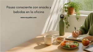 Snacks saludables y bebidas en un escritorio de oficina para apoyar la salud mental durante la jornada laboral