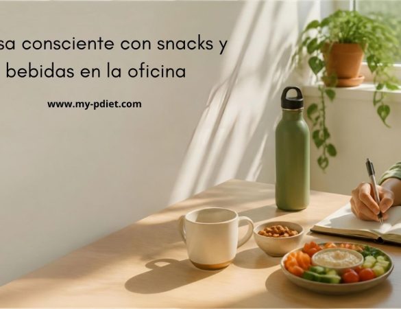 Snacks saludables y bebidas en un escritorio de oficina para apoyar la salud mental durante la jornada laboral