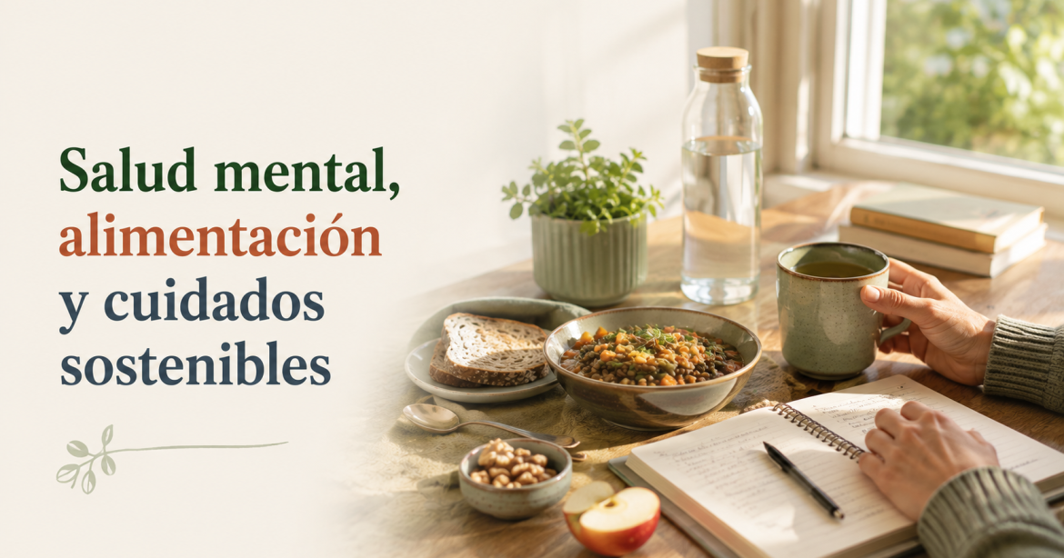 Alimentación y salud mental desde el autocuidado sostenible con una mesa cotidiana, alimentos variados y una libreta de reflexión