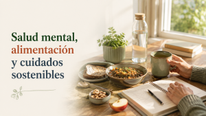 Alimentación y salud mental desde el autocuidado sostenible con una mesa cotidiana, alimentos variados y una libreta de reflexión