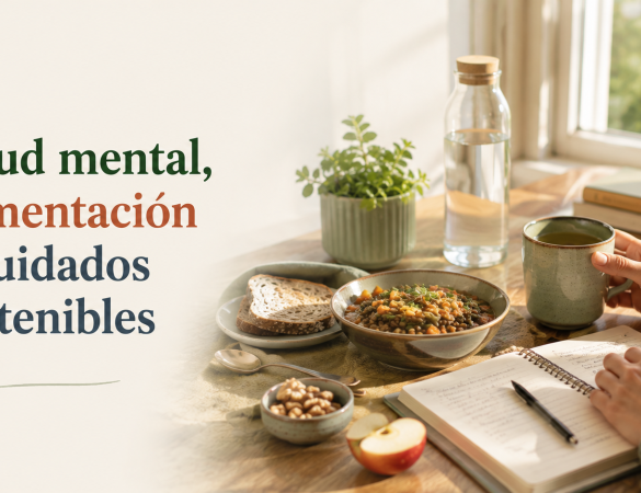 Alimentación y salud mental desde el autocuidado sostenible con una mesa cotidiana, alimentos variados y una libreta de reflexión