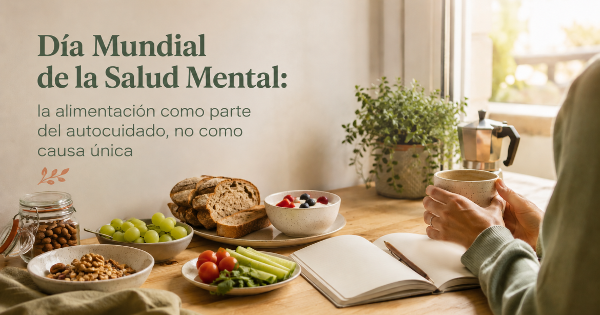 Alimentación y salud mental basada en evidencia representadas con una comida cotidiana y un momento de autocuidado tranquilo