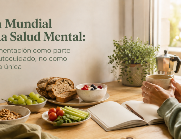 Alimentación y salud mental basada en evidencia representadas con una comida cotidiana y un momento de autocuidado tranquilo