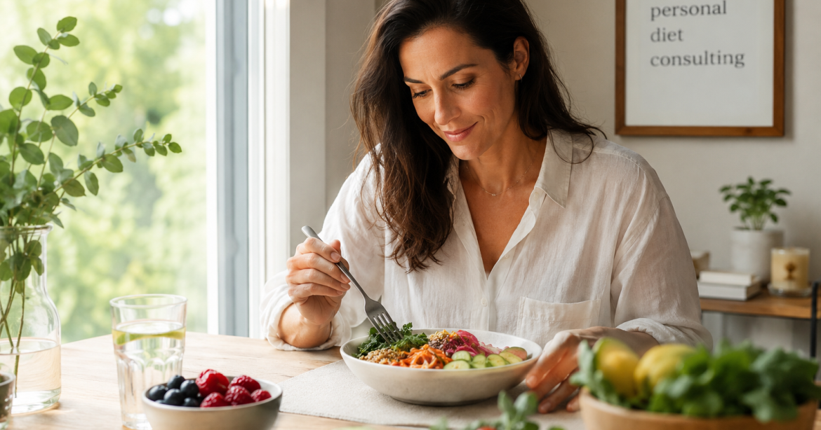mujer practicando alimentación consciente en un entorno tranquilo y saludable