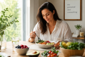 mujer practicando alimentación consciente en un entorno tranquilo y saludable