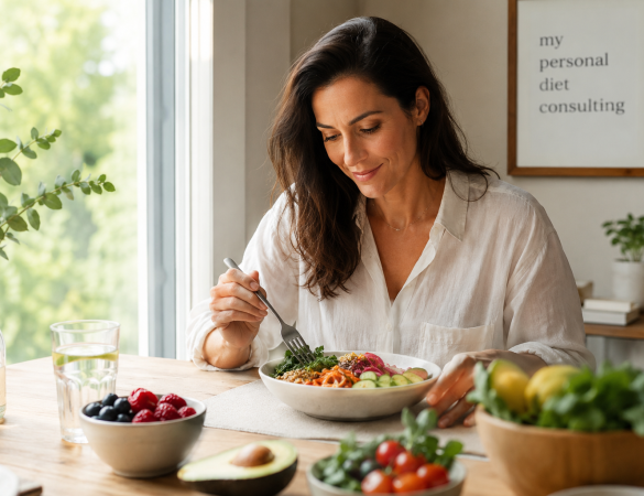 mujer practicando alimentación consciente en un entorno tranquilo y saludable